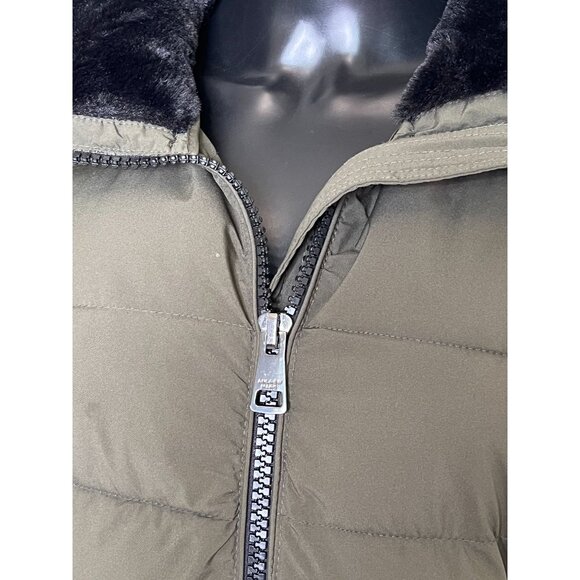 Andrew Marc Olive Green Stretch Puffer Jacket Faux Fur Hood Small - Picture 12 of 12